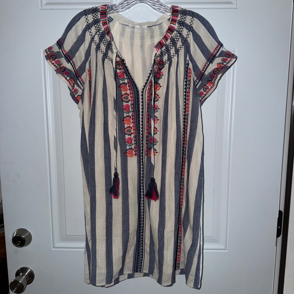 THML Womens BlueWhite‎ Striped Embroidered Tassel Boho Tunic Top Lg JH1053-1-DB